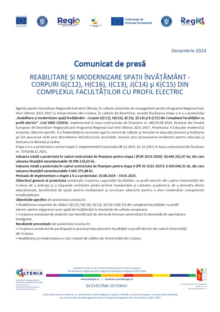 Comunicat de presă Agenția pentru Dezvoltare Regională Sud-Vest Oltenia