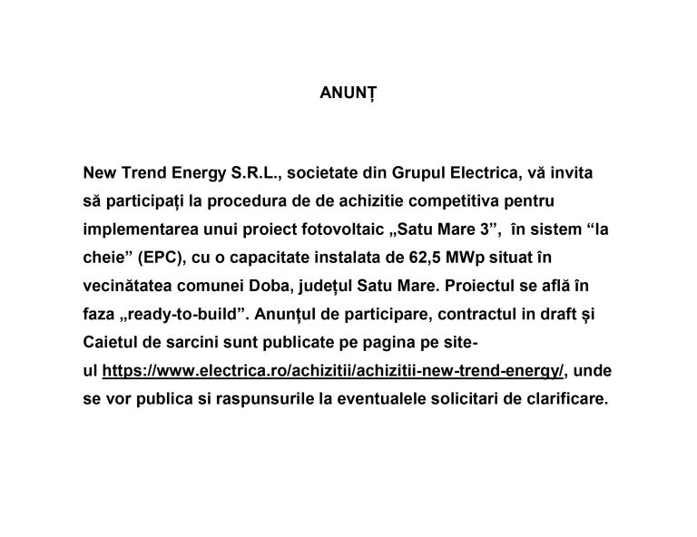 Comunicat de presă S.C. ELECTRO-SERVICE DISTRIBUTIE SRL