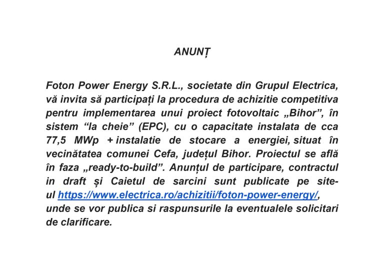 Anunț Foton Power Energy S.R.L.