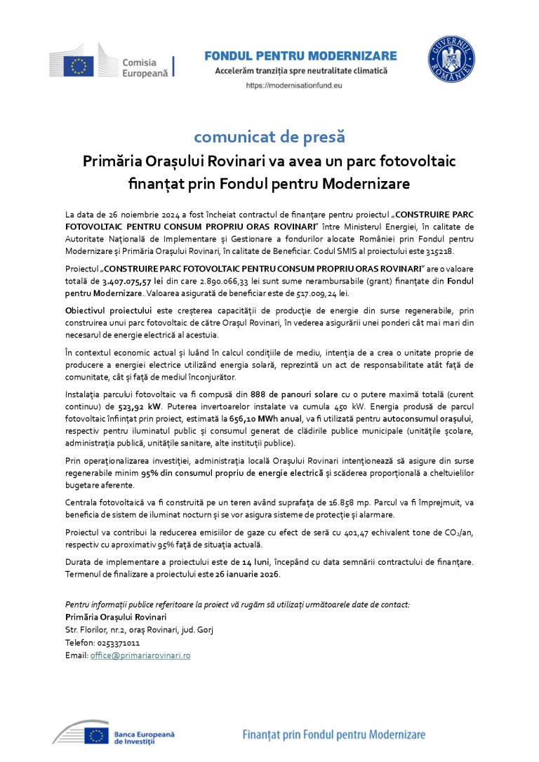 Comunicat de presă Primăria Orașului Rovinari