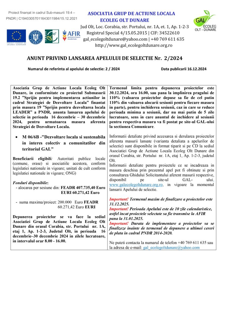 ANUNT PRIVIND LANSAREA APELULUI DE SELECTIE Nr.  2/2024 – Asociatia Grup de Actiune Locala Ecoleg Olt