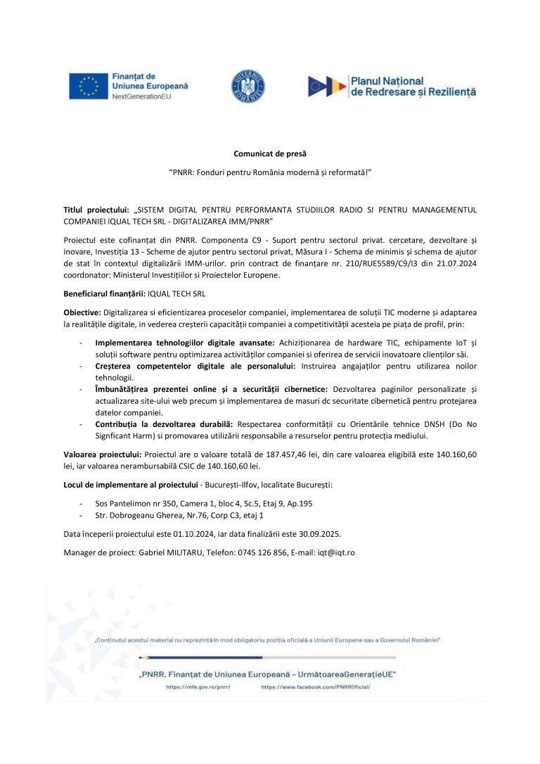 Comunicat de presă IQUAL TECH SRL