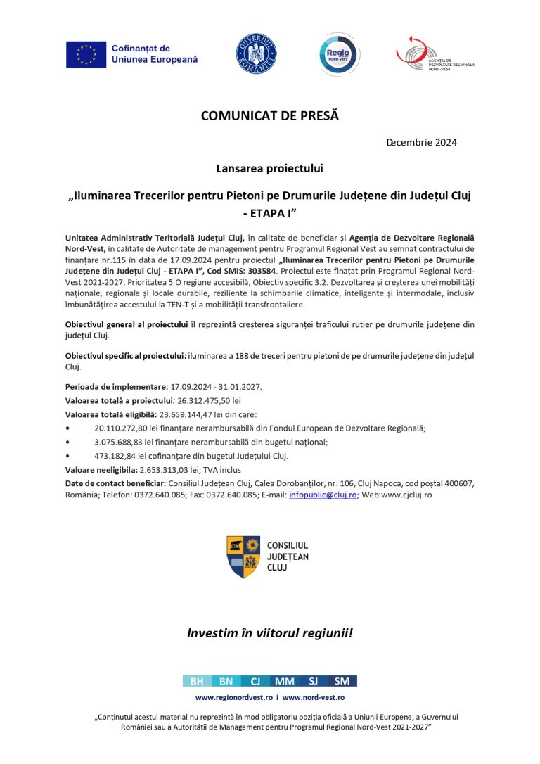 Comunicat de presă UAT Județul Cluj