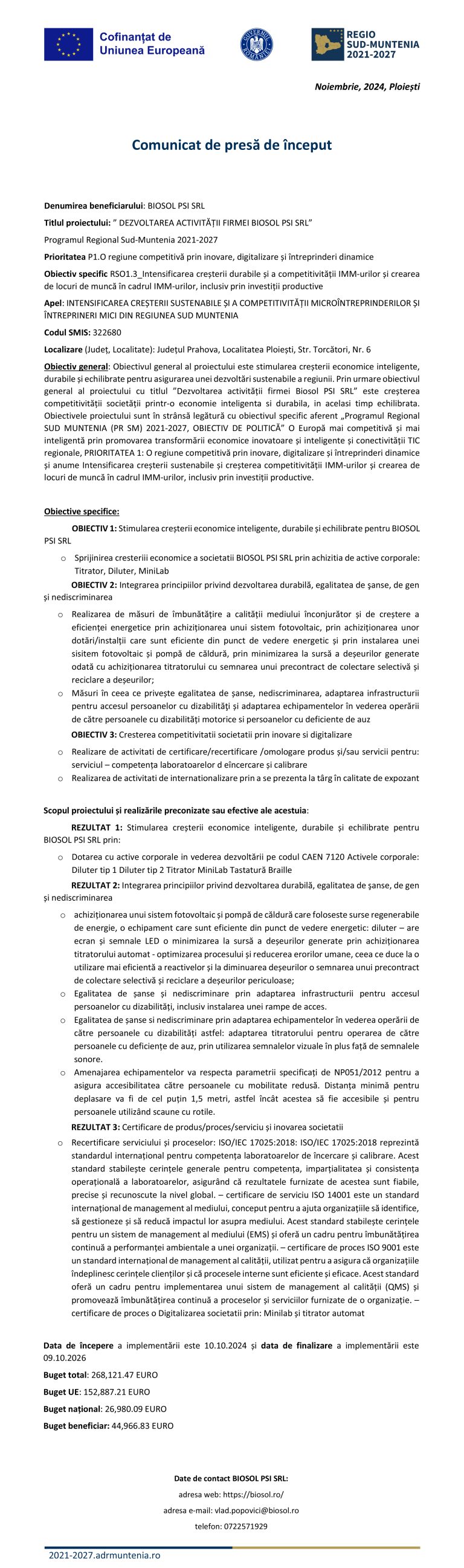 Comunicat de presă BIOSOL PSI SRL