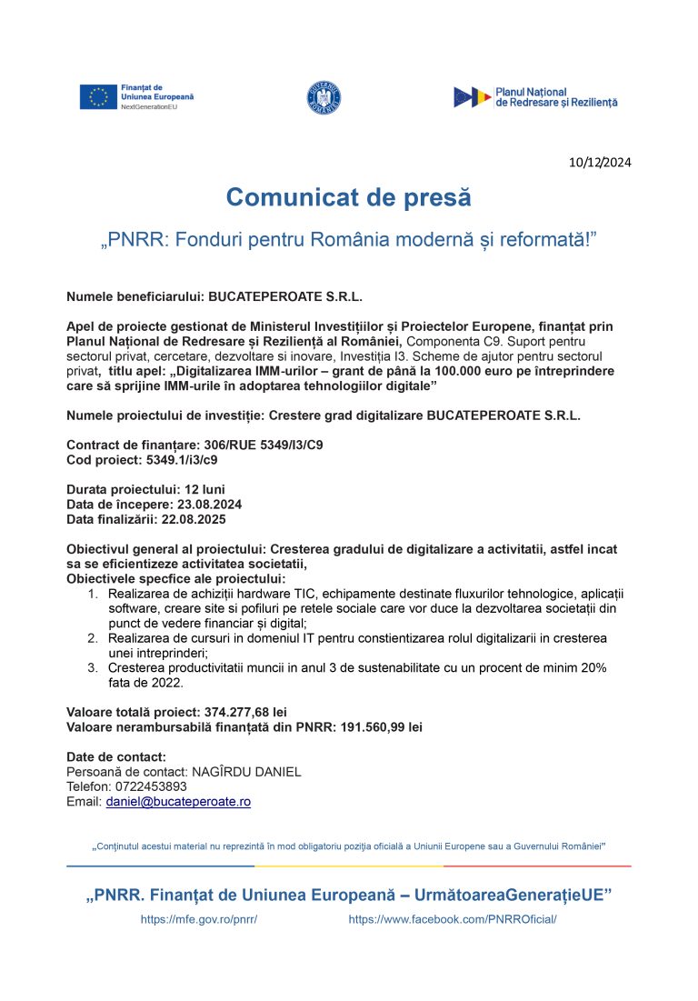 Comunicat de presă BUCATEPEROATE S.R.L.