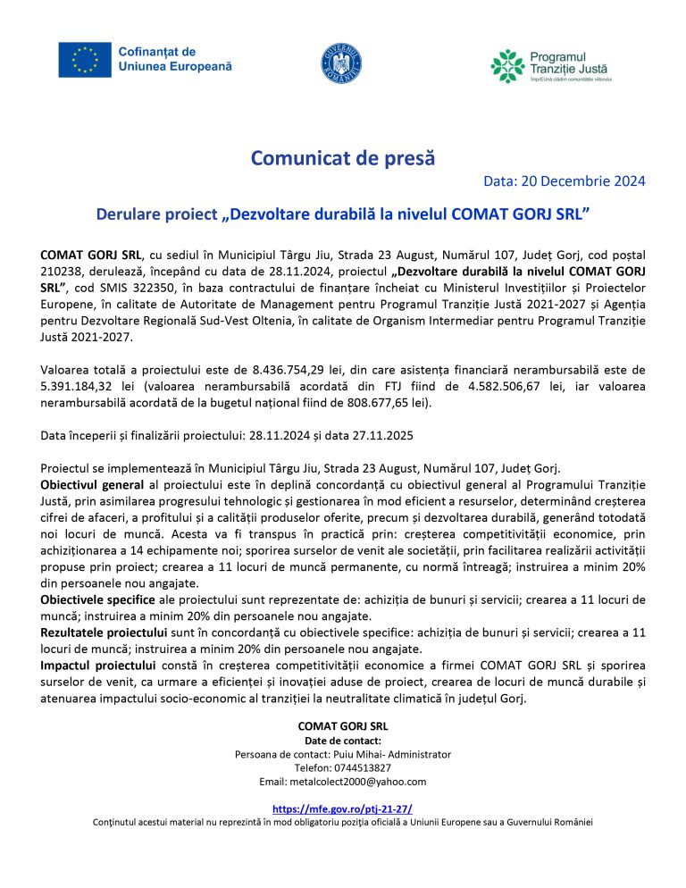 Comunicat de presă COMAT GORJ SRL