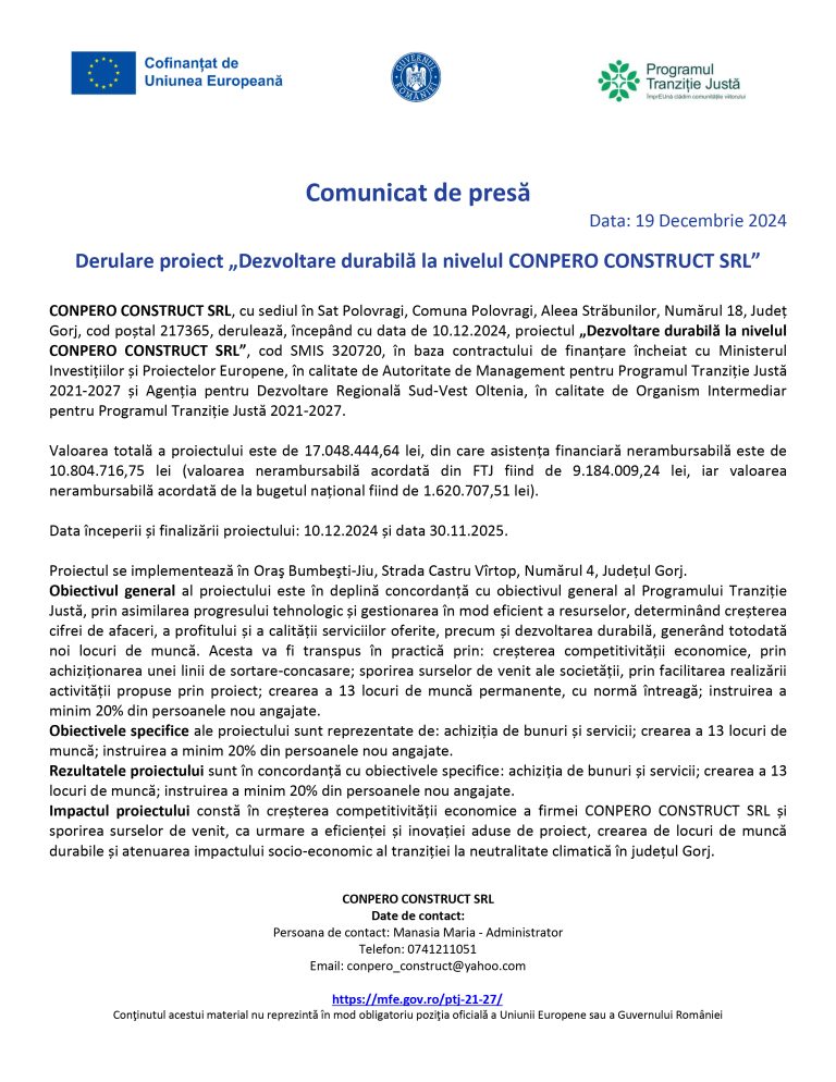 Comunicat de presă CONPERO CONSTRUCT SRL