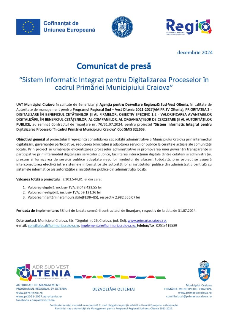 Comunicat de presă UAT Municipiul Craiova