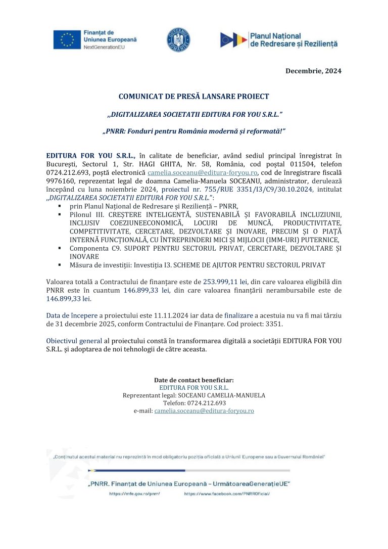 Comunicat de presă EDITURA FOR YOU S.R.L.