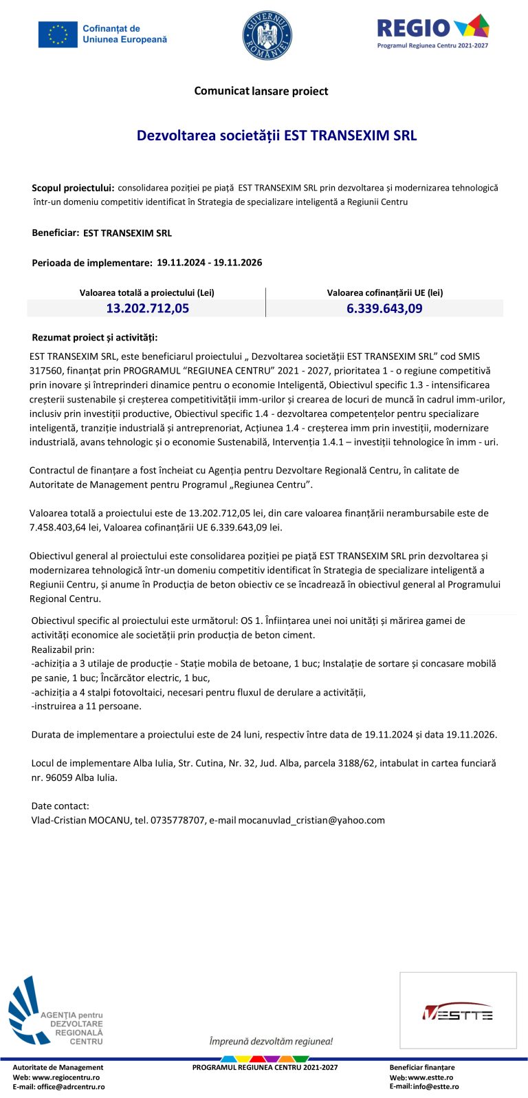 Comunicat de presă EST TRANSEXIM SRL