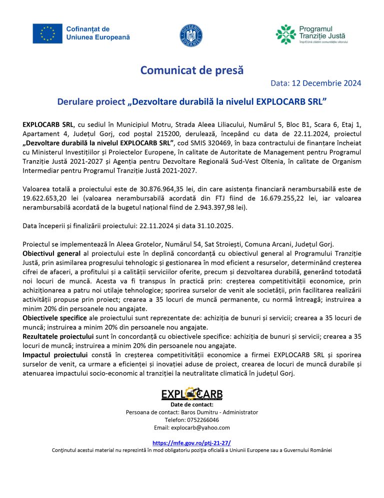 Comunicat de presă EXPLOCARB SRL