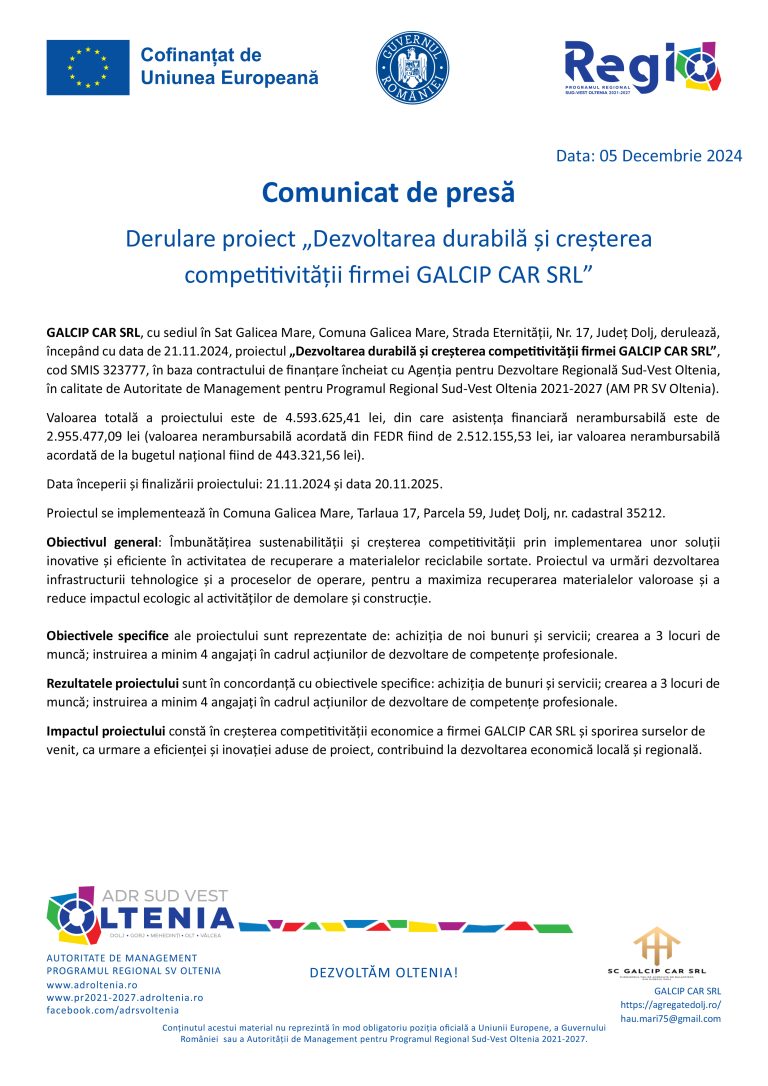 Comunicat de presă GALCIP CAR SRL