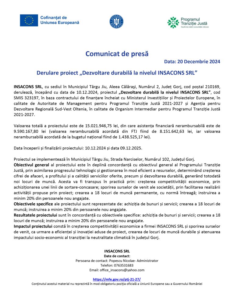 Comunicat de presă INSACONS SRL