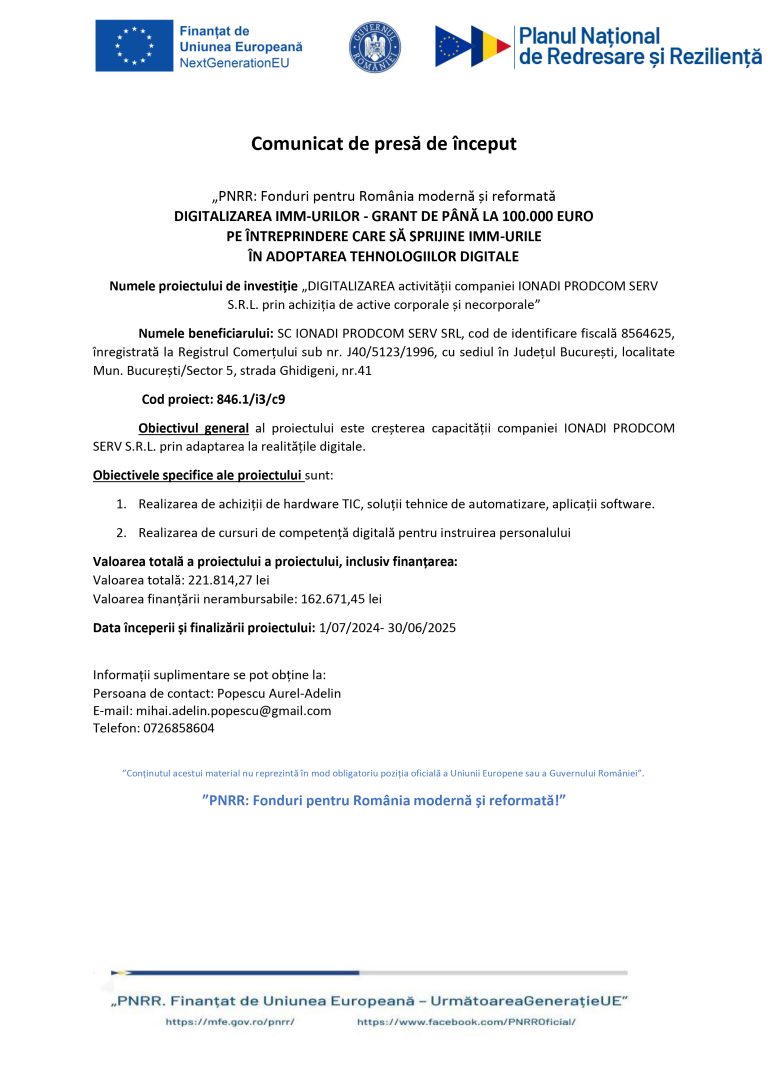 Comunicat de presă IONADI PRODCOM SERV S.R.L.