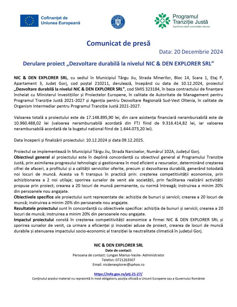 Comunicat de presă NIC & DEN EXPLORER SRL