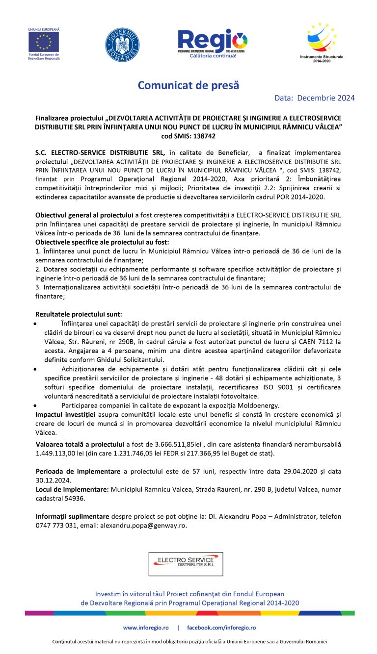 Comunicat de presă S.C. ELECTRO-SERVICE DISTRIBUTIE SRL