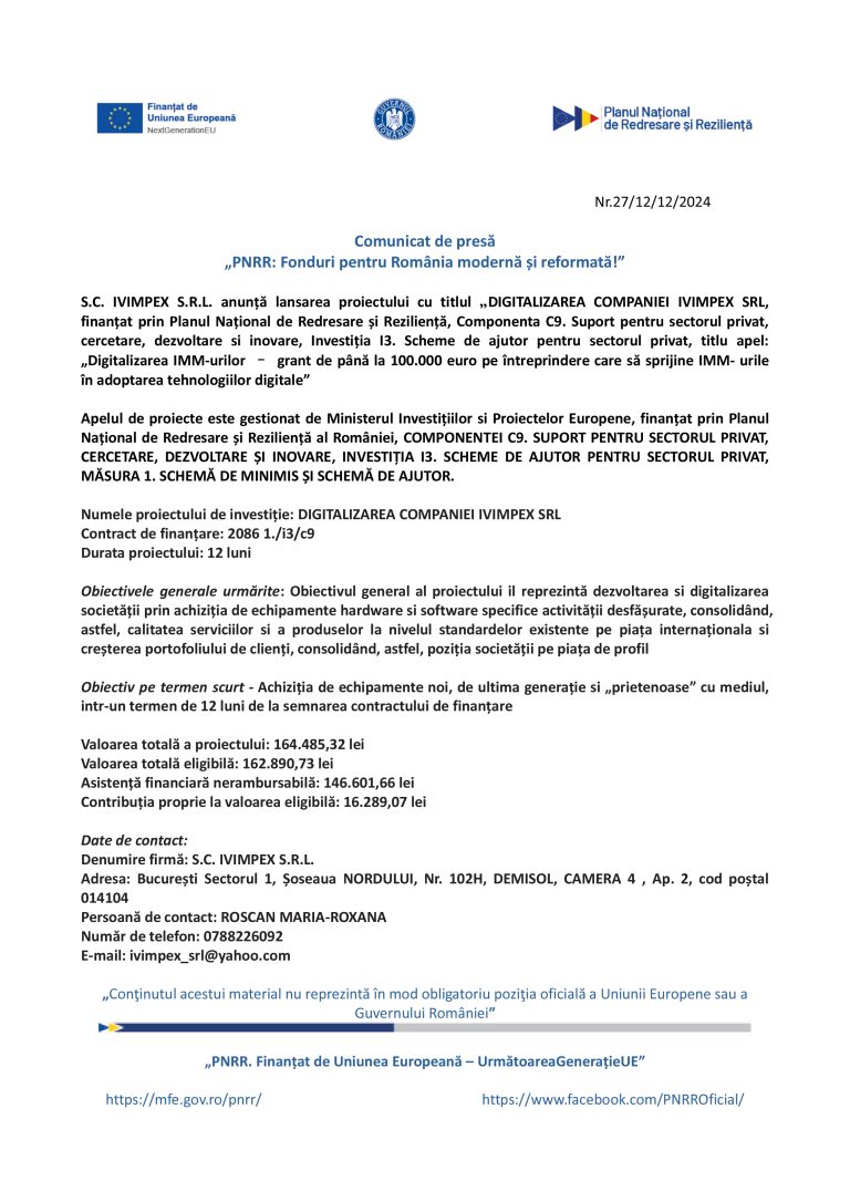 Comunicat de presă S.C. IVIMPEX S.R.L.