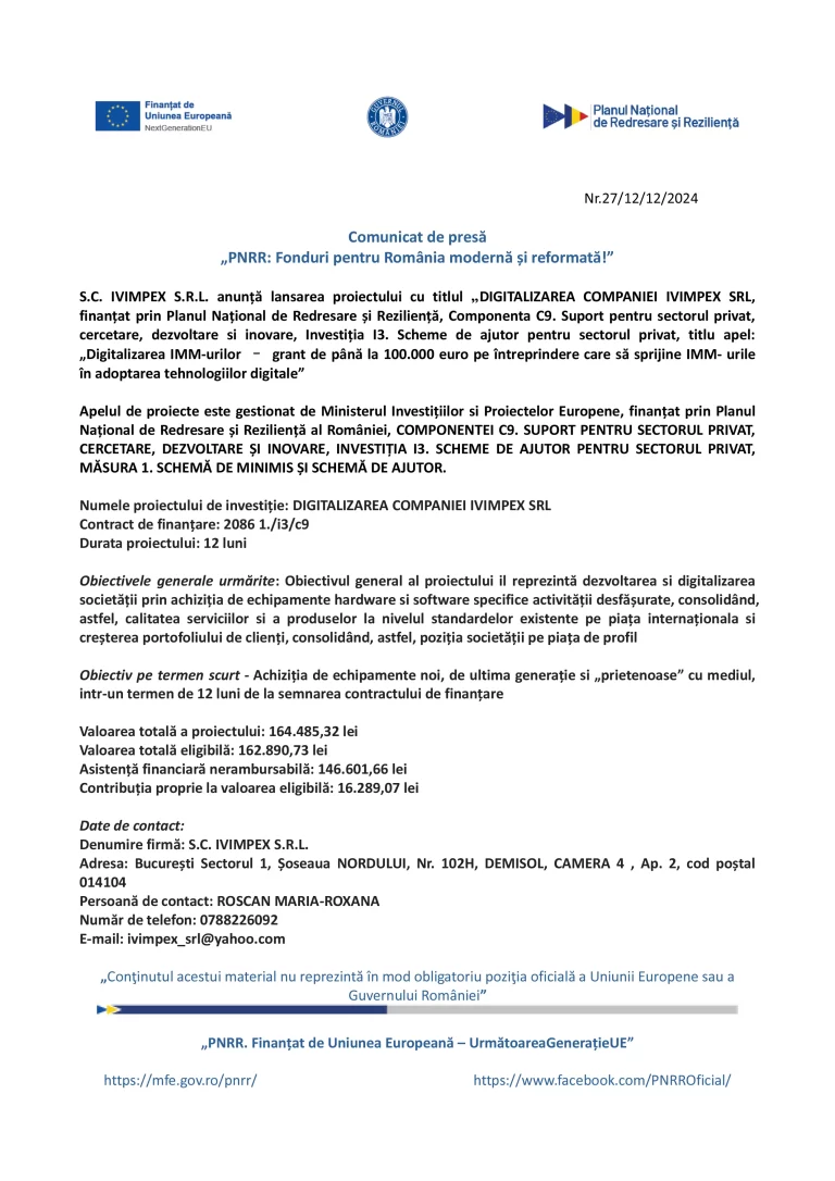 Comunicat de presă S.C. IVIMPEX S.R.L.