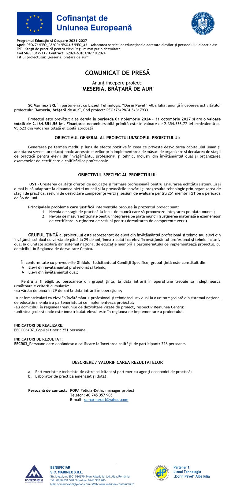 Comunicat de presă SC Marinex SRL