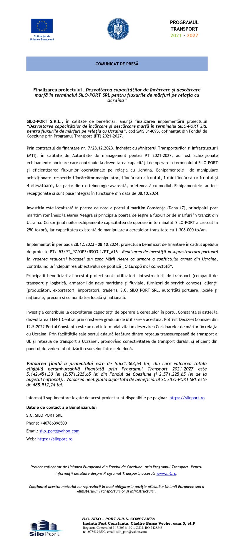 Comunicat de presă SILO-PORT S.R
