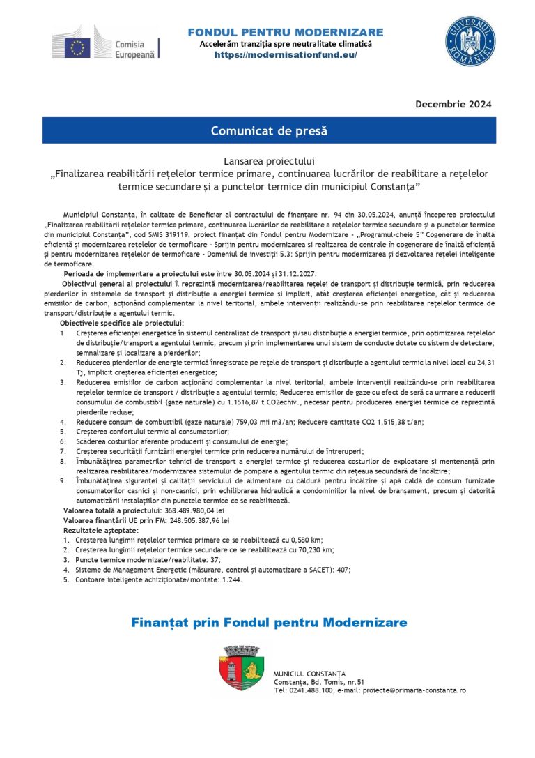 Comunicat de presă Municipiul Constanța