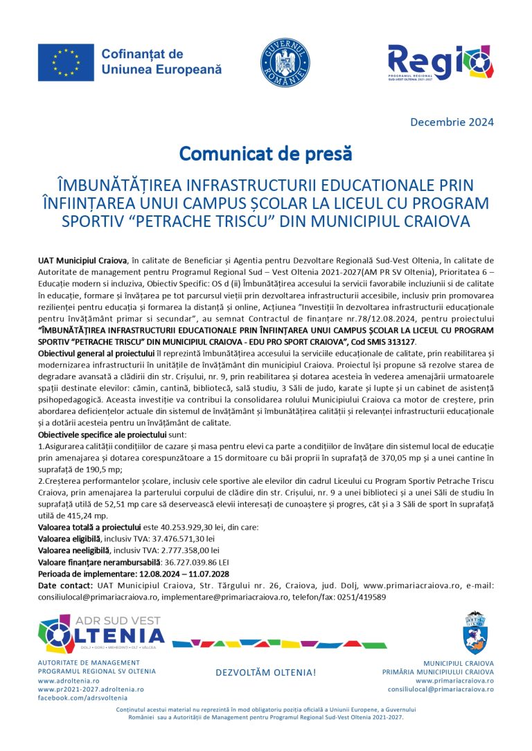 Comunicat de presa UAT Municipiul Craiova