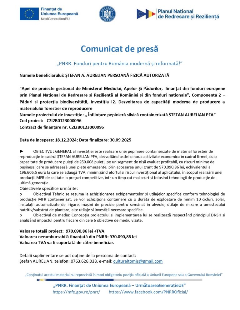 Comunicat de presă Ștefan. A Aurelian PFA