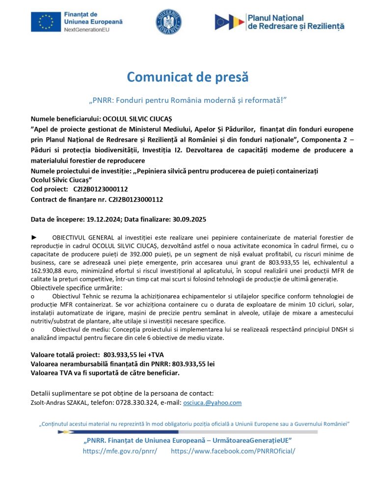 Comunicat de presă Ocolul Silvic Ciucaș