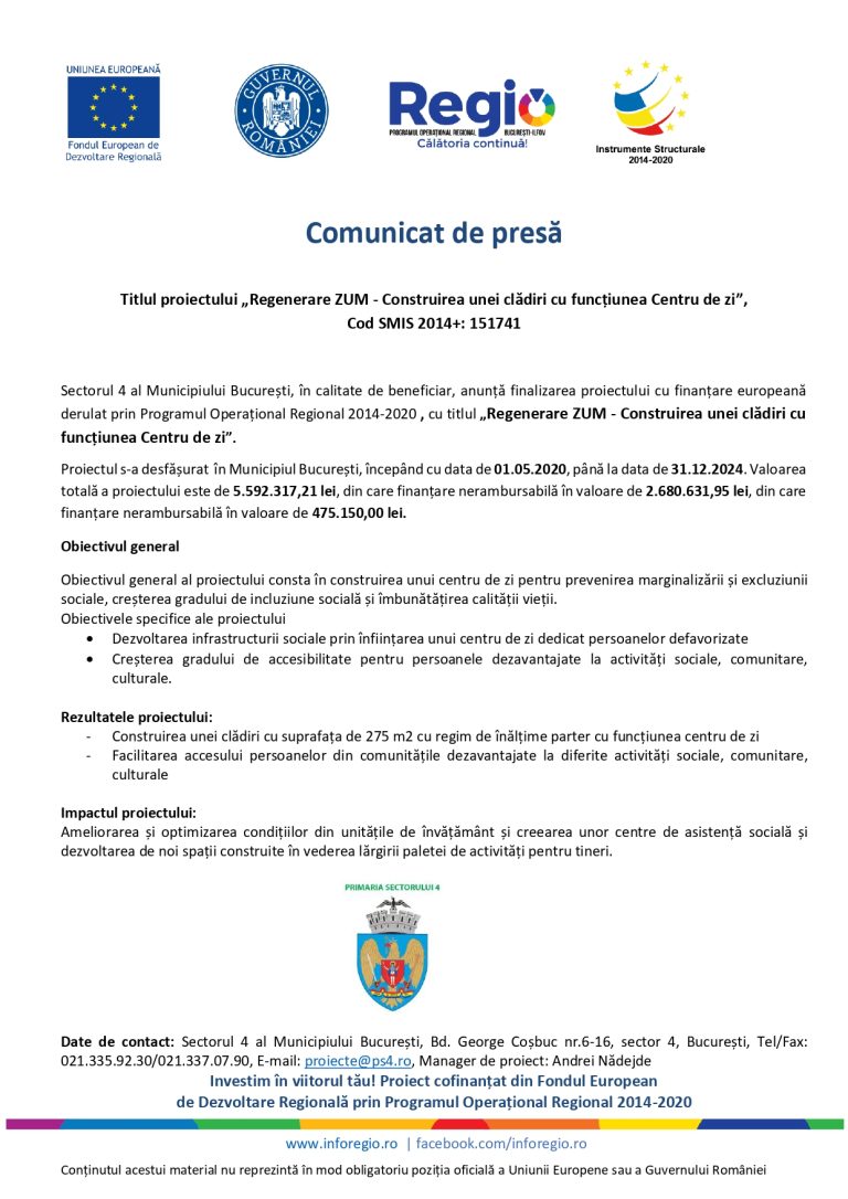 Comunicat de presa Sectorul 4 al Municipiului Bucuresti