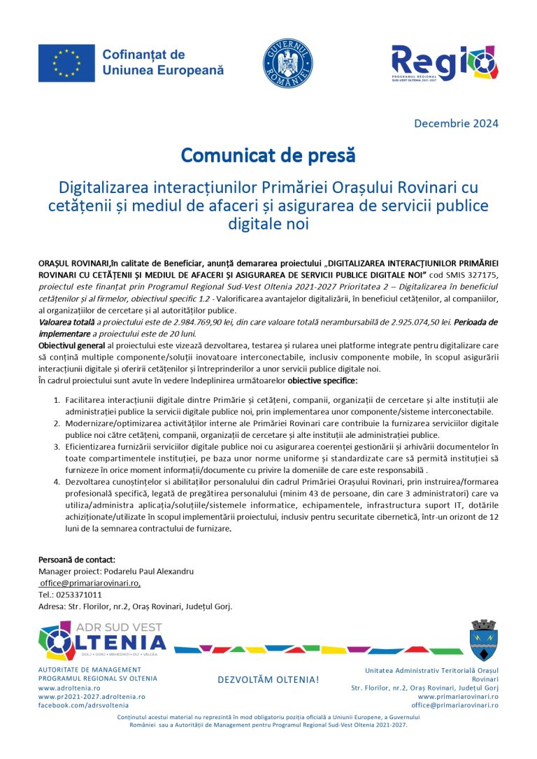 Comunicat de presă Orașul Rovinari