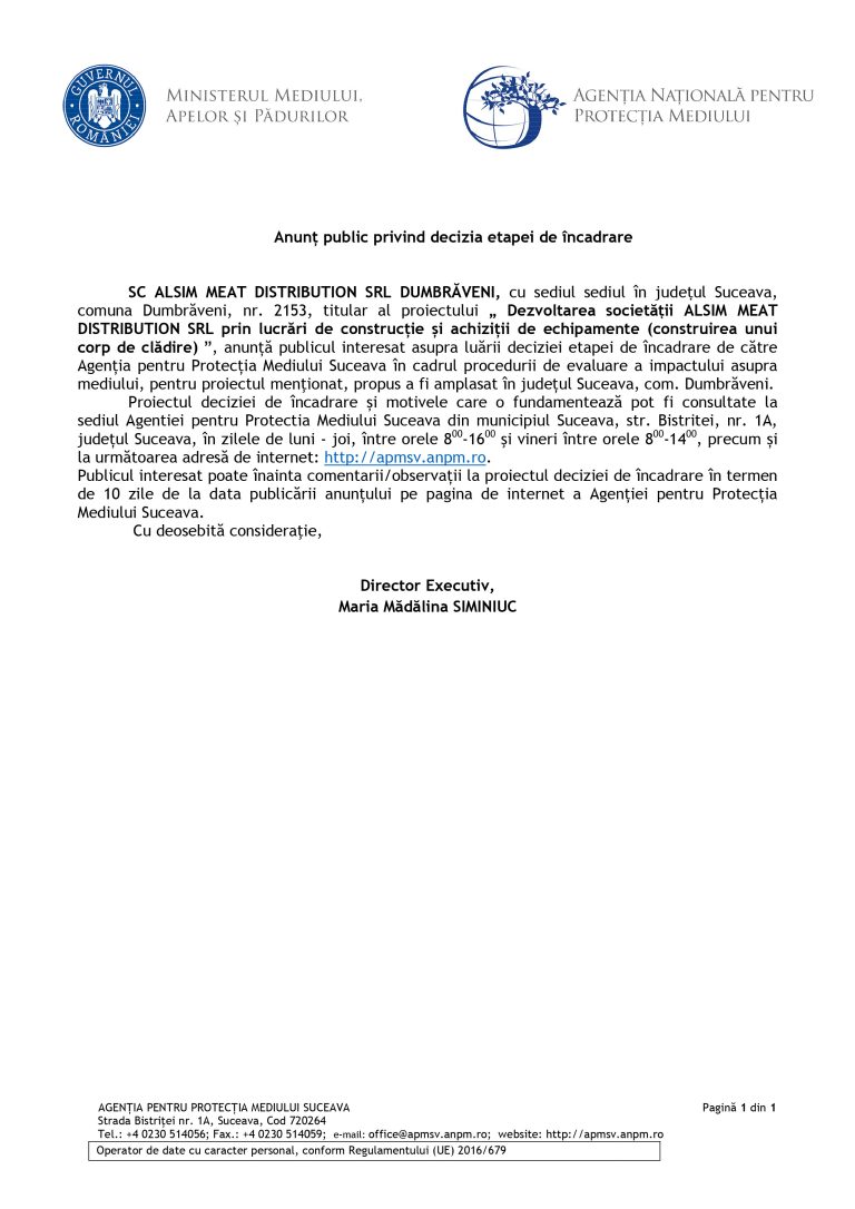 Anunț SC ALSIM MEAT DISTRIBUTION SRL DUMBRĂVENI
