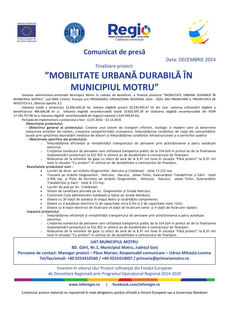 Comunicat de presă Unitatea administrativ-teritorială Municipiul Motru