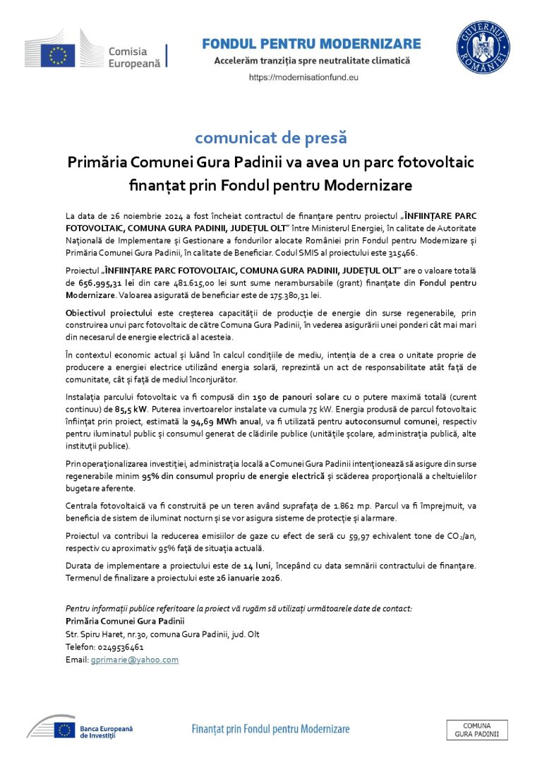 Comunicat de presă Primăria Comunei Gura Padinii