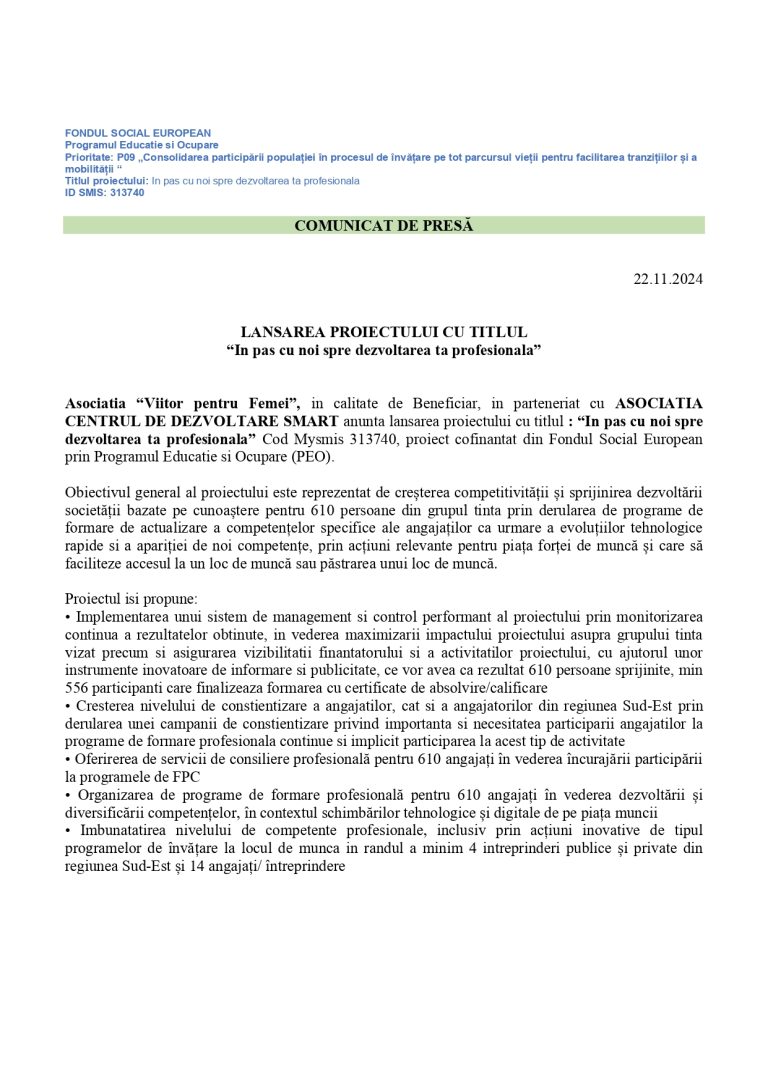 Comunicat de presă Asociația Viitor pentru Femei