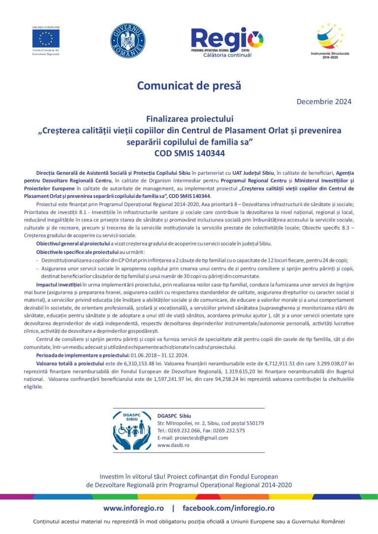Comunicat de presa Direcția Generală de Asistență Socială și Protecția Copilului Sibiu