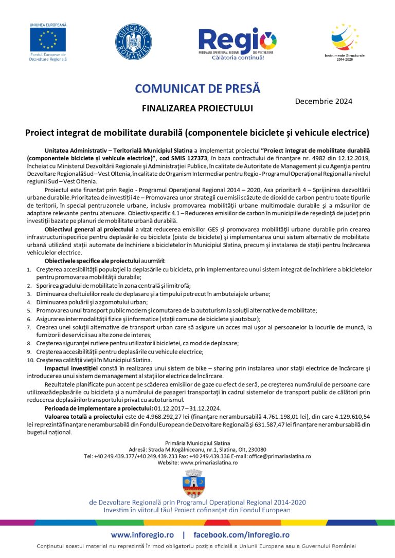 Comunicat de presă Unitatea Administrativ Teritorială Municipiul Slatina