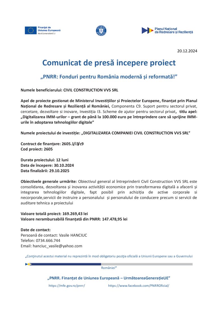 Comunicat de presă CIVIL CONTRUCTION VVS SRL