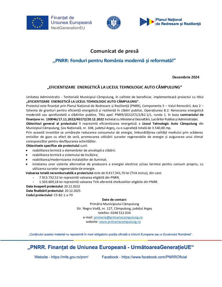Comunicat de presă Liceul Tehnologic Auto Câmpulung