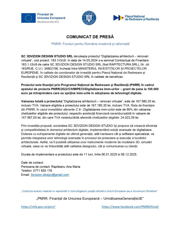 Comunicat de presă 3DIVIZION DESIGN STUDIO SRL