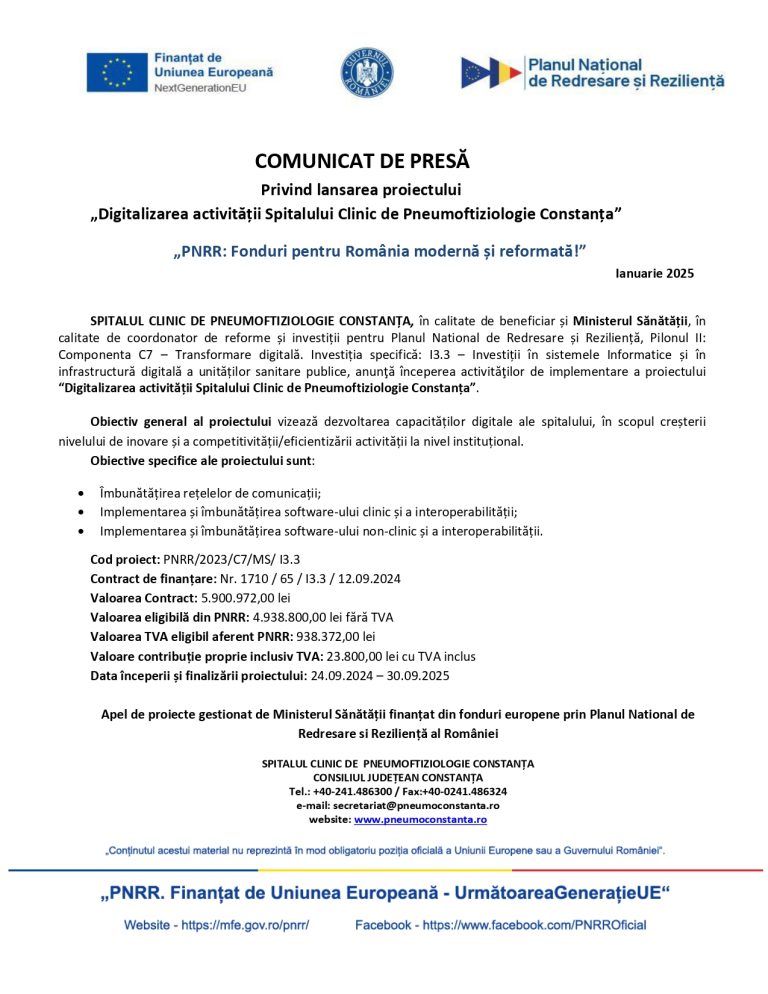 Comunicat de presă SPITALUL CLINIC DE PNEUMOFTIZIOLOGIE CONSTANTA