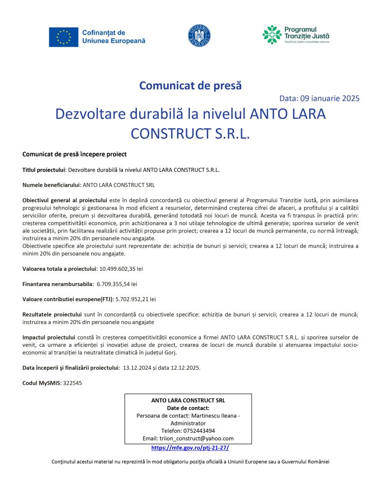 Comunicat de presa ANTO LARA CONSTRUCT S.R.L.