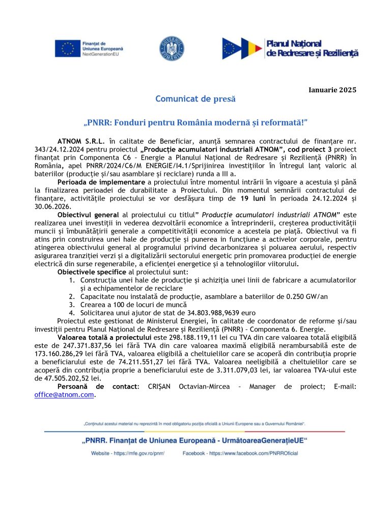 Comunicat de presă ATNOM S.R.L.