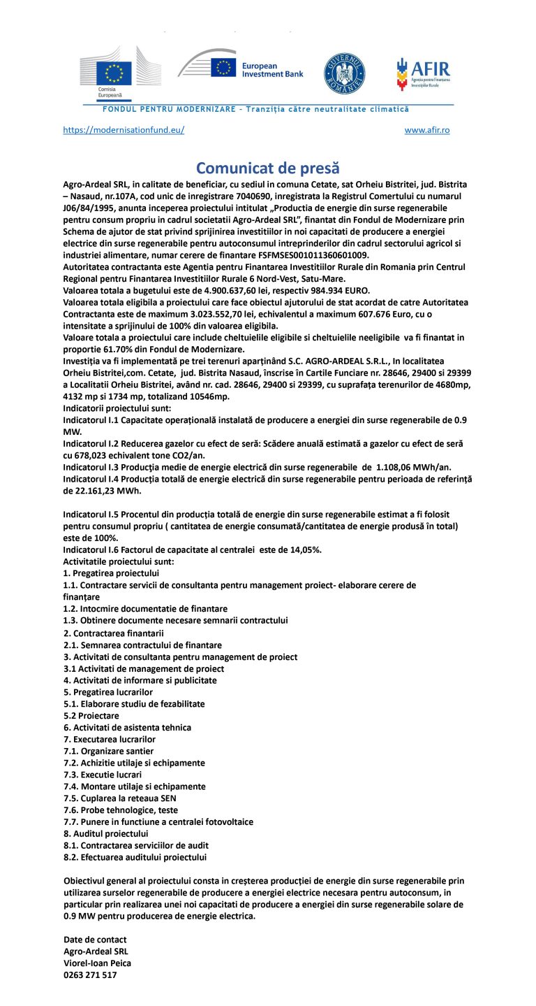 Comunicat de presă Agro-Ardeal SRL
