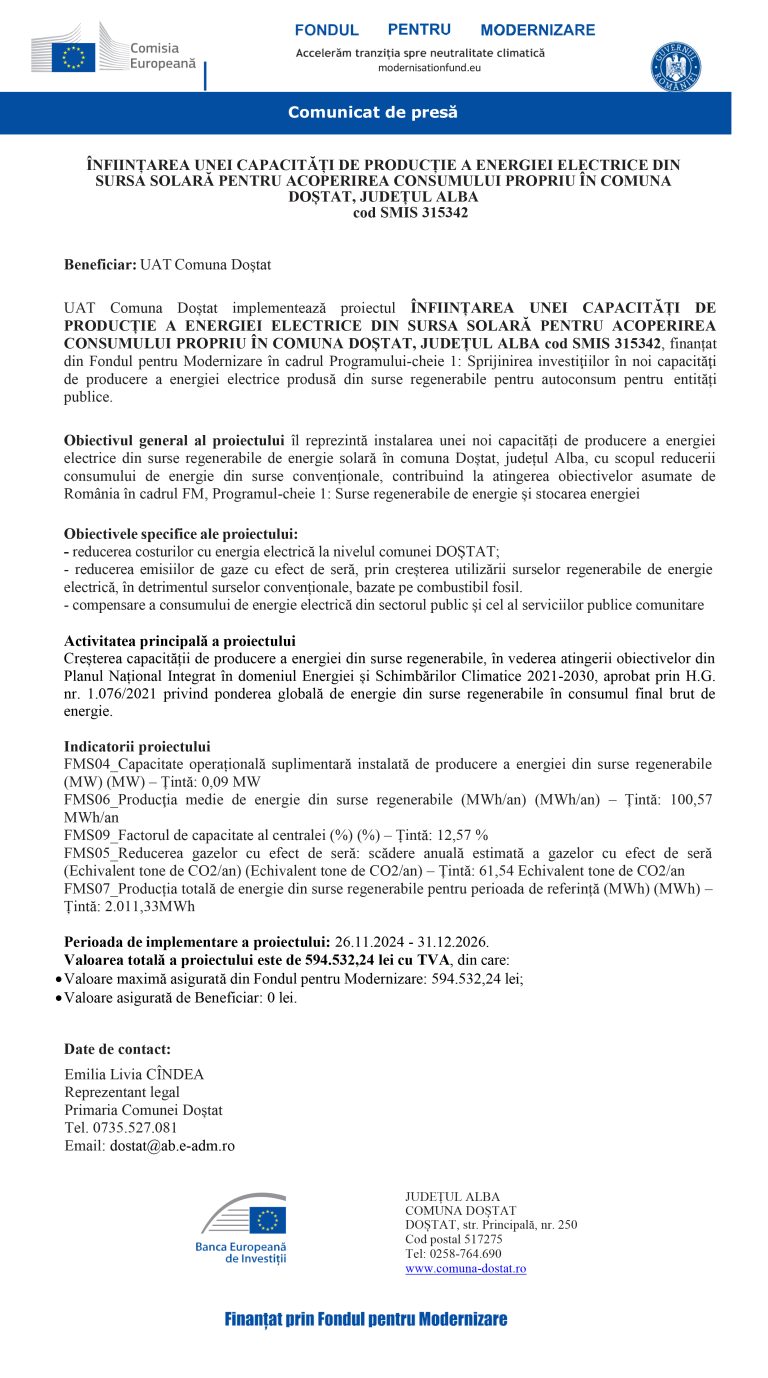 Comunicat de presa COMUNA DOSTAT