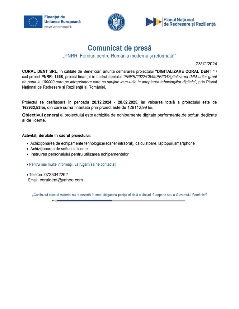 Comunicat de presă CORAL DENT SRL