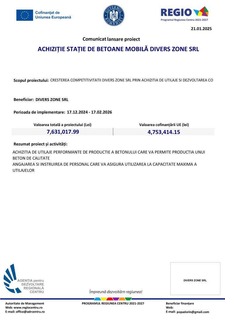 Comunicat de presă DIVERS ZONE SRL