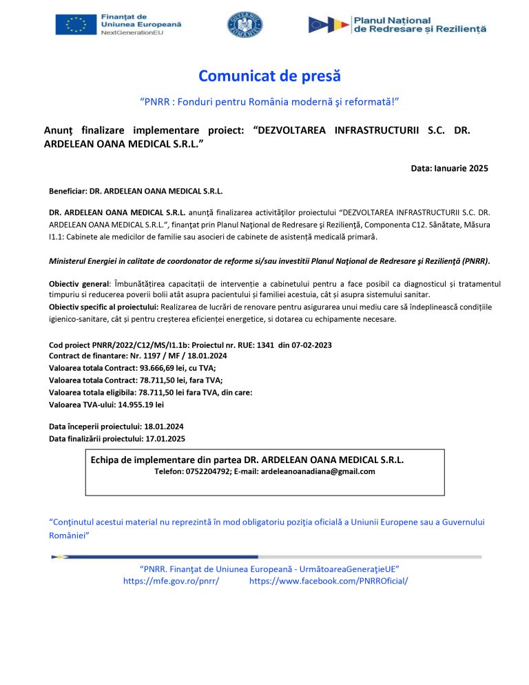 Comunicat de presă DR. ARDELEAN OANA MEDICAL S.R.L.