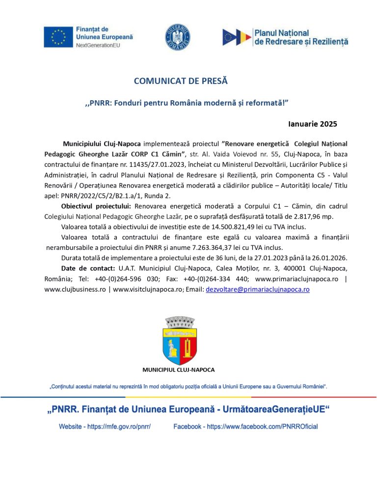 Comunicat de presă Municipiul Cluj-Napoca