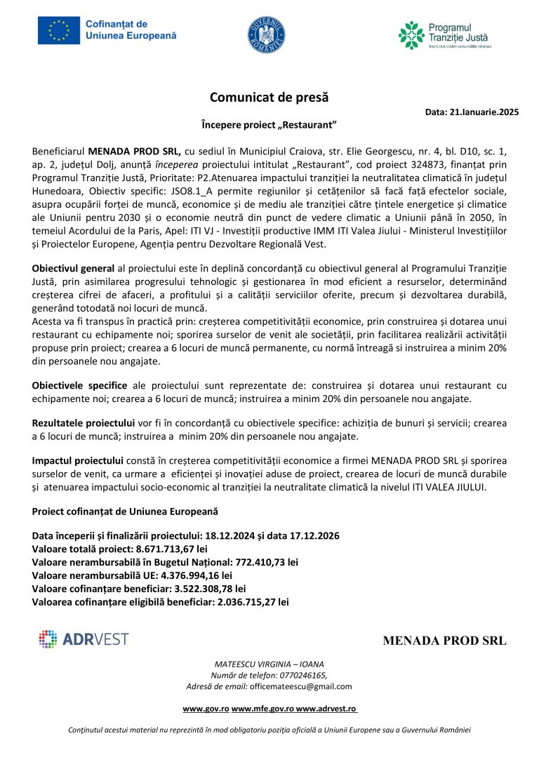 Comunicat de presă MENADA PROD SRL