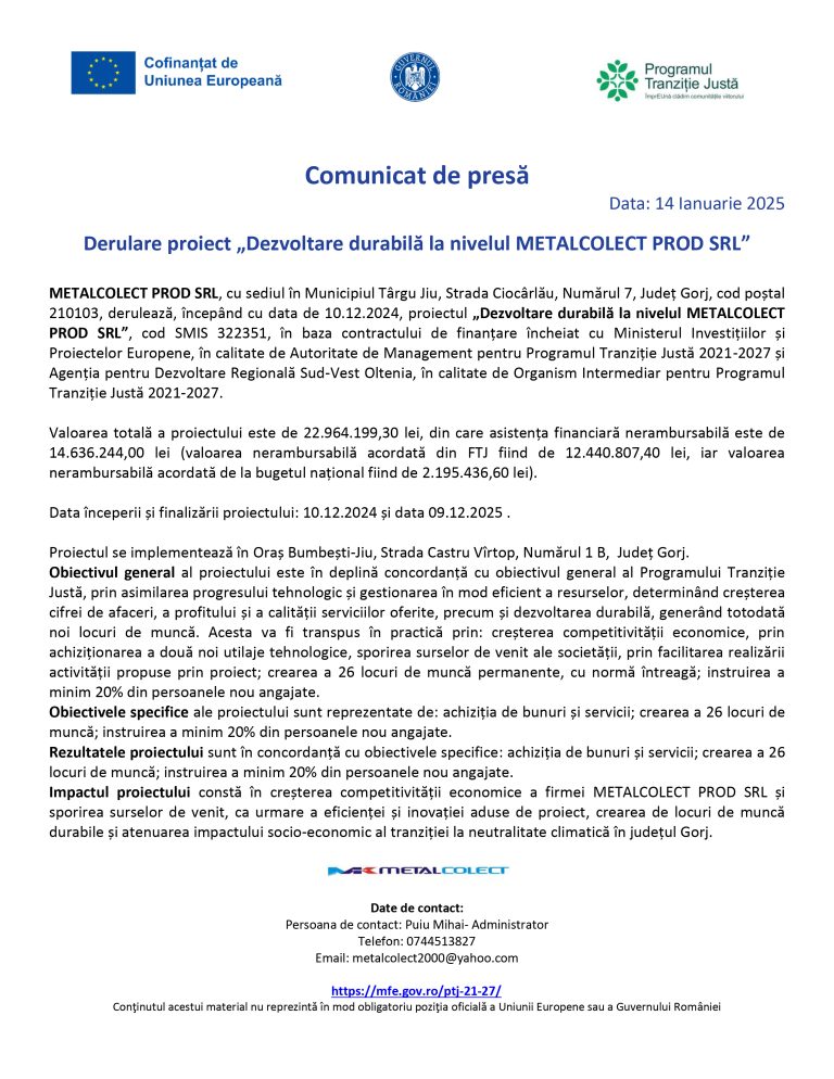 Comunicat de presă METALCOLECT PROD SRL